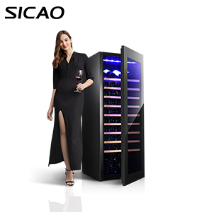 Cantina vino freestanding SICAO da 200 litri con superficie a specchio completamente nera e porta in vetro